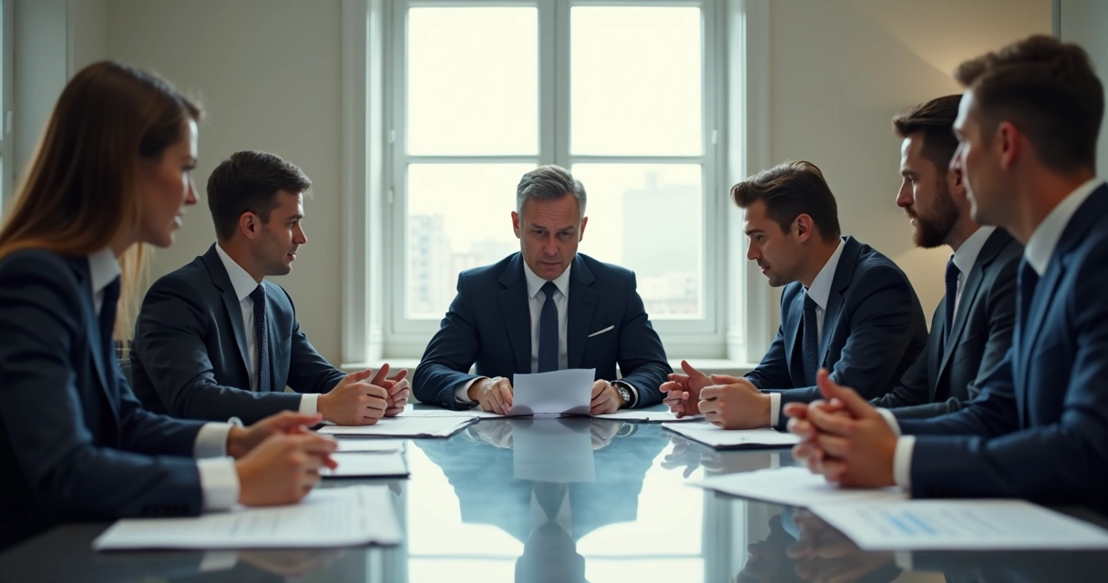 Líder em reunião, hesitando ao tomar decisão enquanto equipe observa 