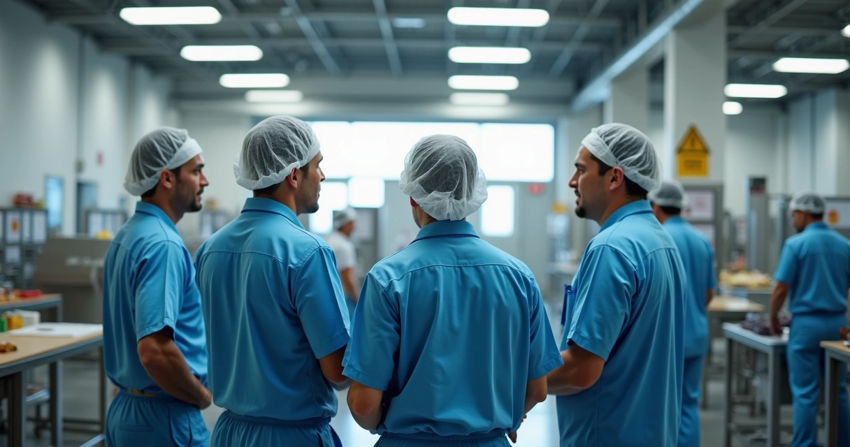 Gestores e operários reunidos no chão de fábrica alimentícia 
