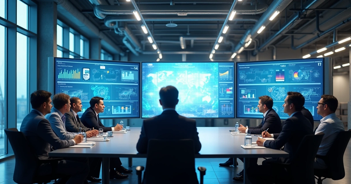 Líderes industriais em reunião de gestão com dashboards digitais na parede 