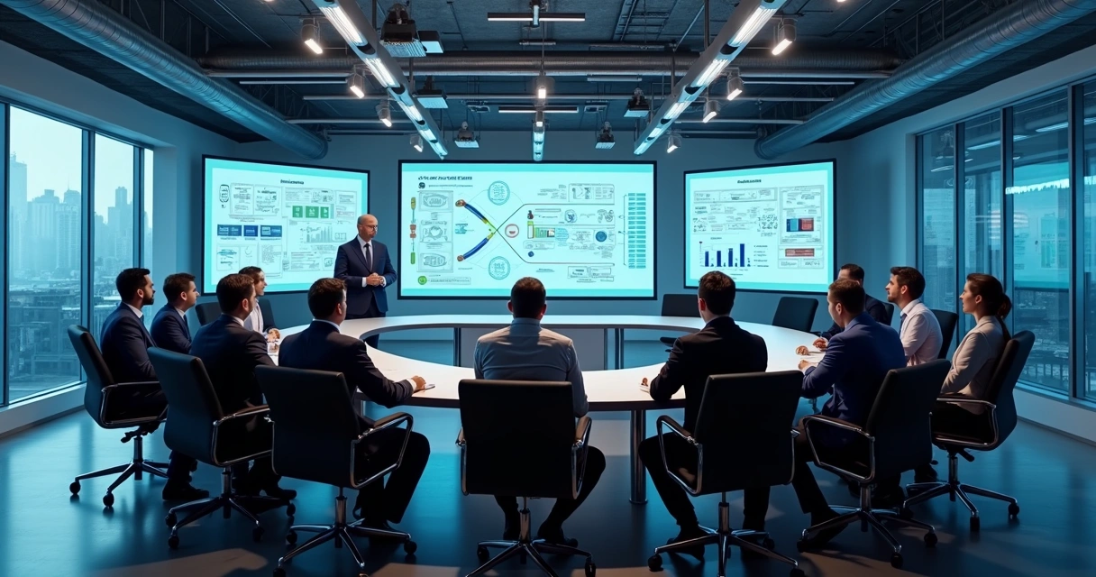 Gestores industriais em reunião de treinamento com equipe 