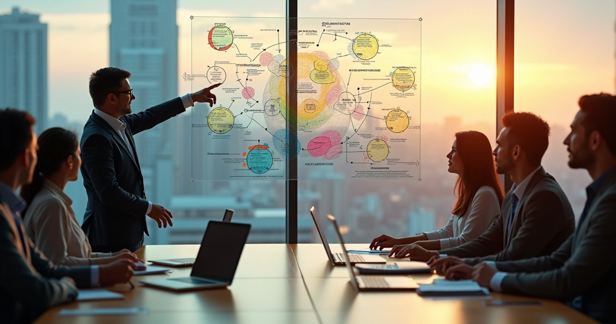 Líder em reunião mapeando influência emocional da equipe em quadro transparente 