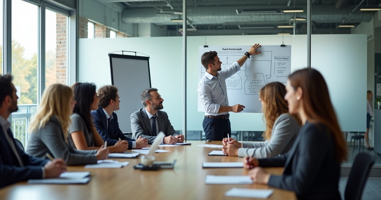 Líder apontando quadro branco em reunião com equipe atenta 