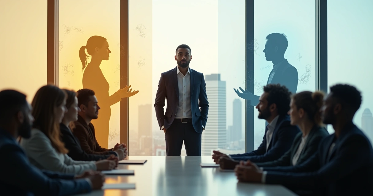 Líder em destaque entre duas silhuetas contrastando influência e manipulação 