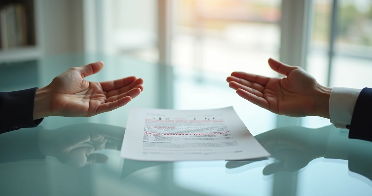 Mesa com duas mãos destacando diálogo transparente e contrato oculto sob a superfície 