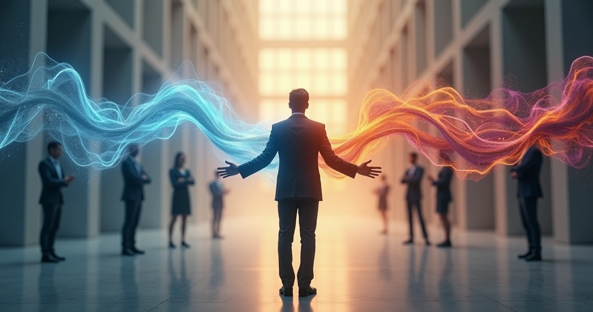 Líder tocando duas pessoas com fios luminosos azuis e vermelhos 