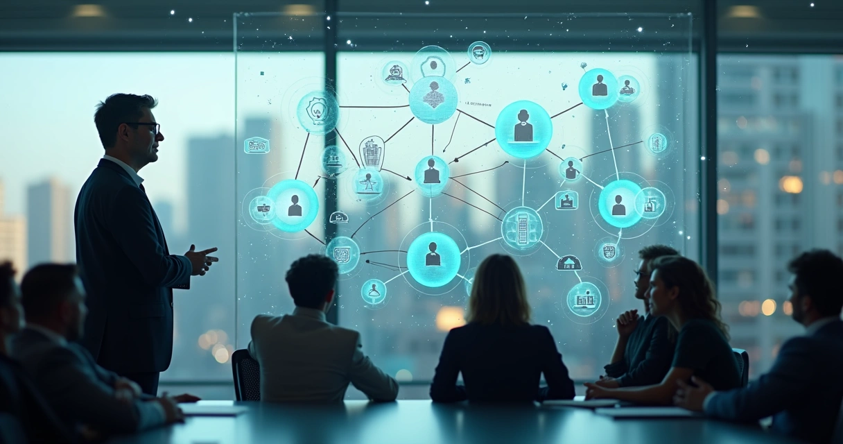 Líder em reunião analisando conexões sistêmicas em painel com fluxos e relações 