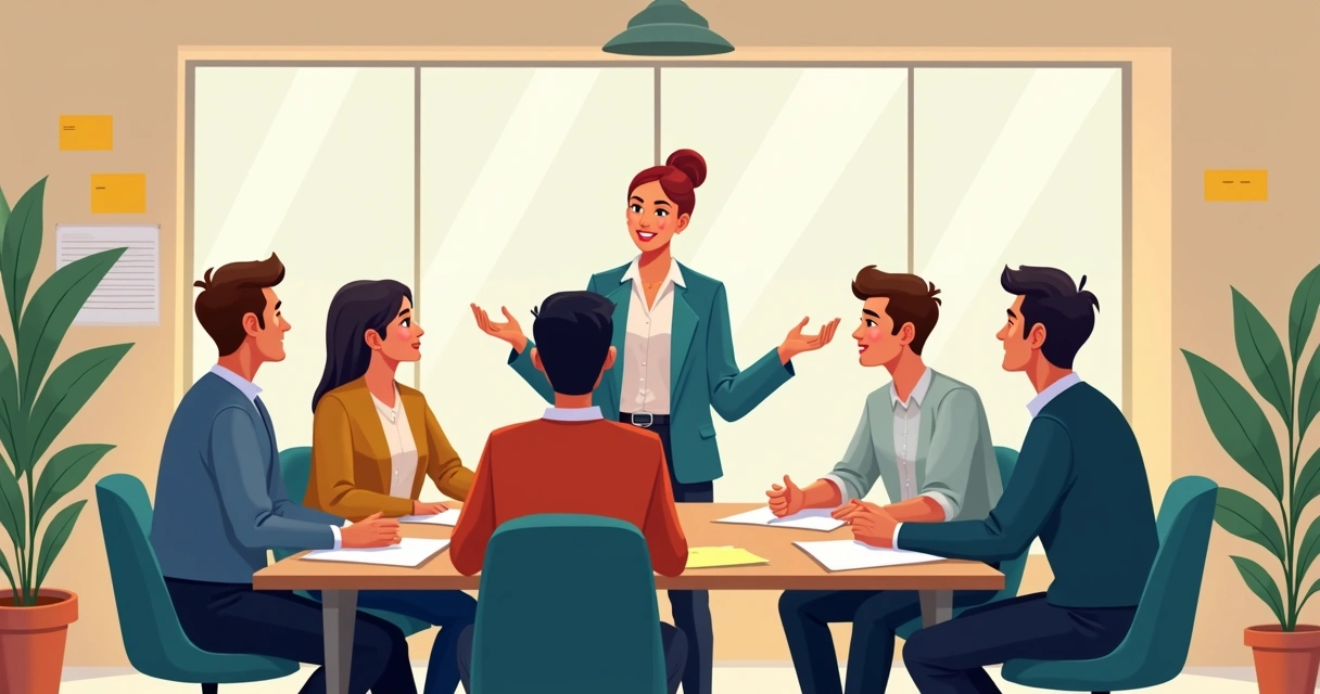 Equipe diversa de trabalho reunida ao redor de uma mesa, dialogando com um líder facilitador 