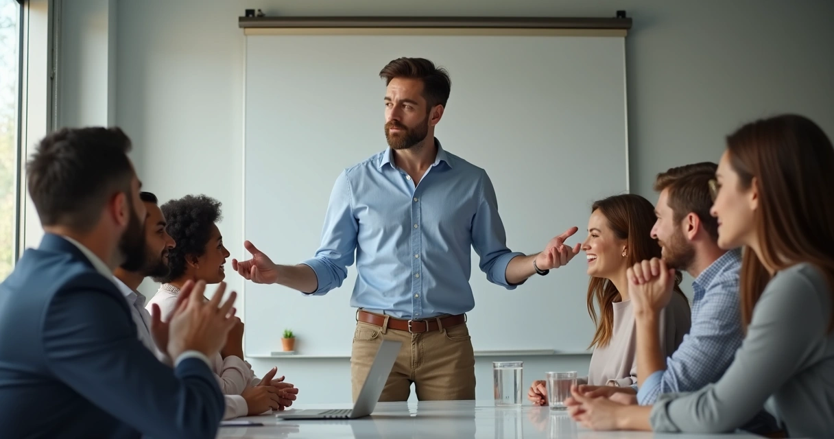 Gestor inspirando equipe em sala de reunião 