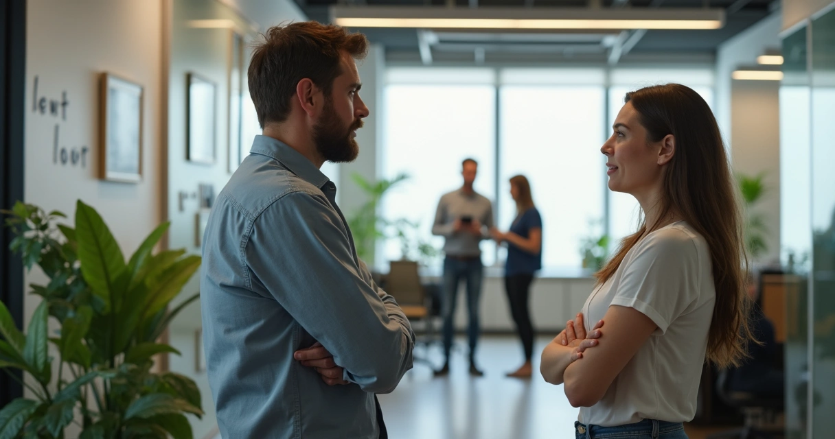 Líder escutando colaborador em ambiente de trabalho tranquilo