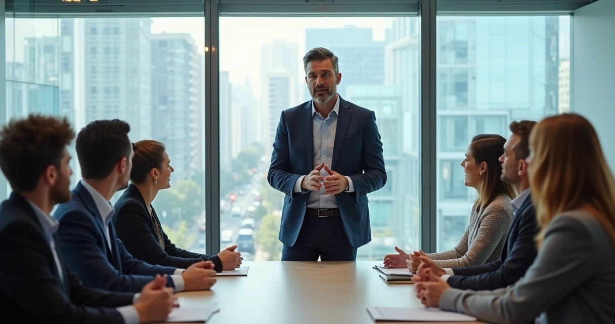 Gestor inspirando equipe em reunião motivacional 