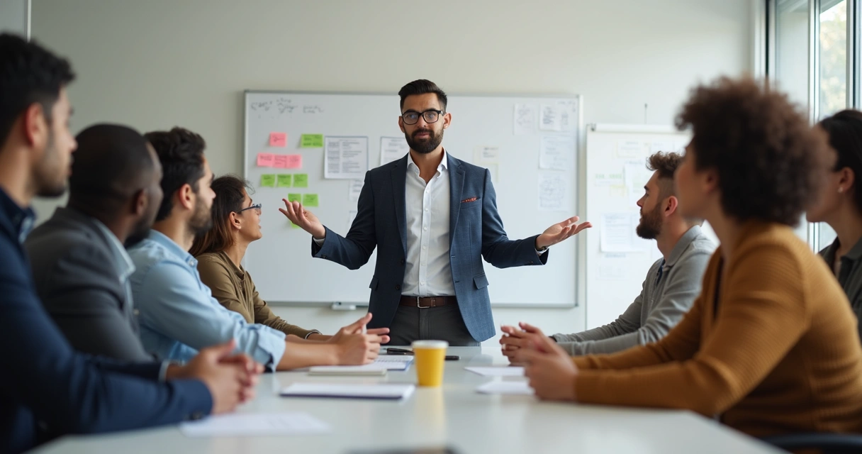 Equipe de trabalho reunida em sala, líder falando ao centro, todos atentos e motivados