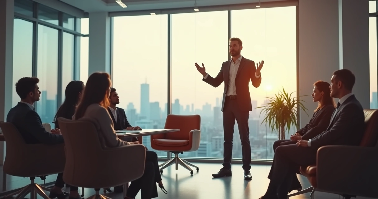 Líder inspirando equipe em reunião, todos atentos 