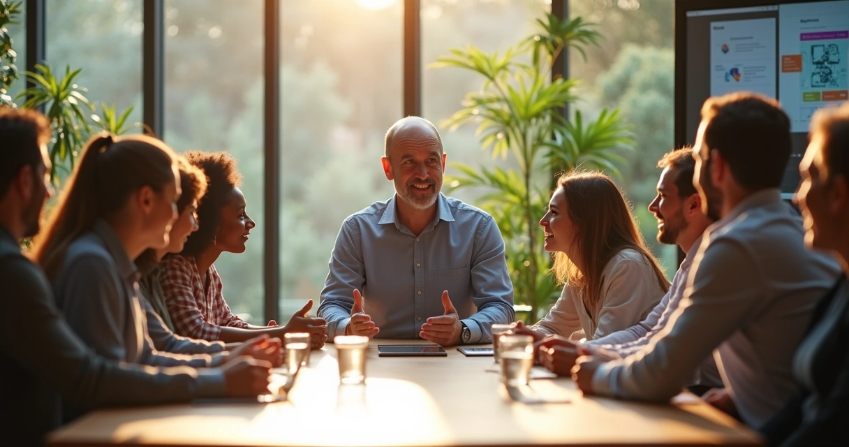 Líder inspirador dialogando com equipe em sala de reunião bem iluminada 