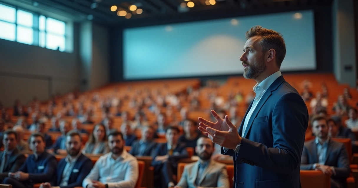 Líder de equipe fazendo um discurso inspirador para colaboradores em auditório, com cenário iluminado, transmitindo confiança e responsabilidade nas atitudes. 