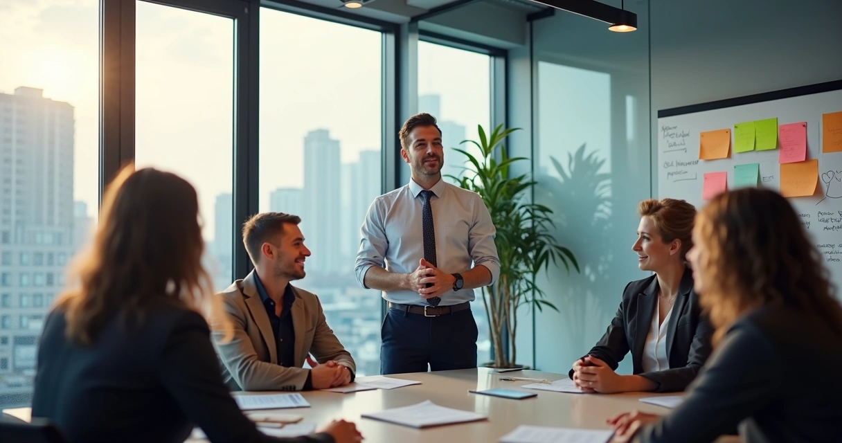 Líder inspirador conversando com equipe em escritório aberto, todos atentos e conectados 