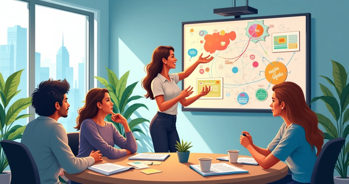 Grupo diverso em um escritório iluminado, liderados por mulher apresentando visão em um mural.