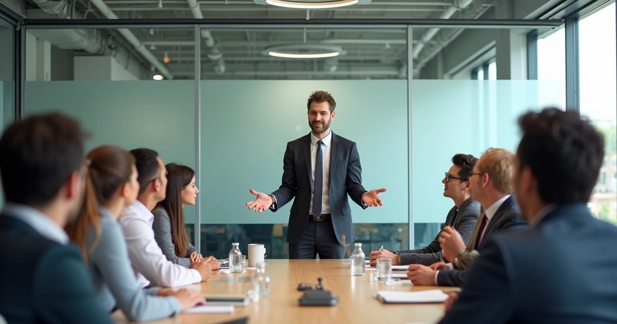Líder inspirador conversando com equipe em sala de reunião 