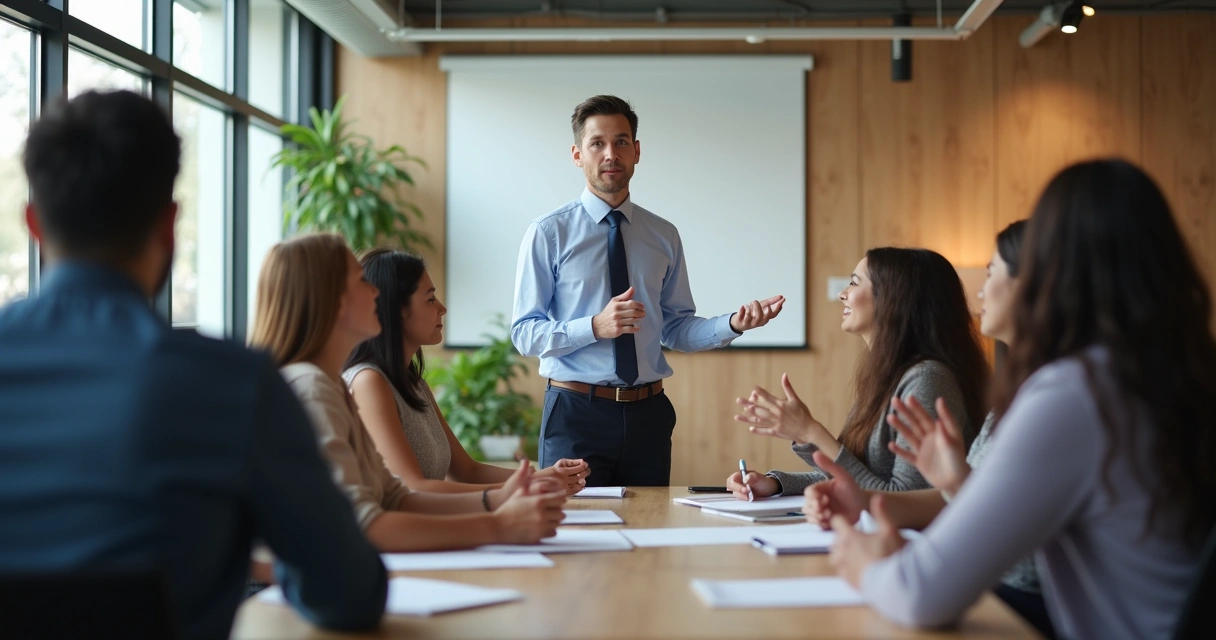 Pessoa liderando equipe em momento de inspiração 