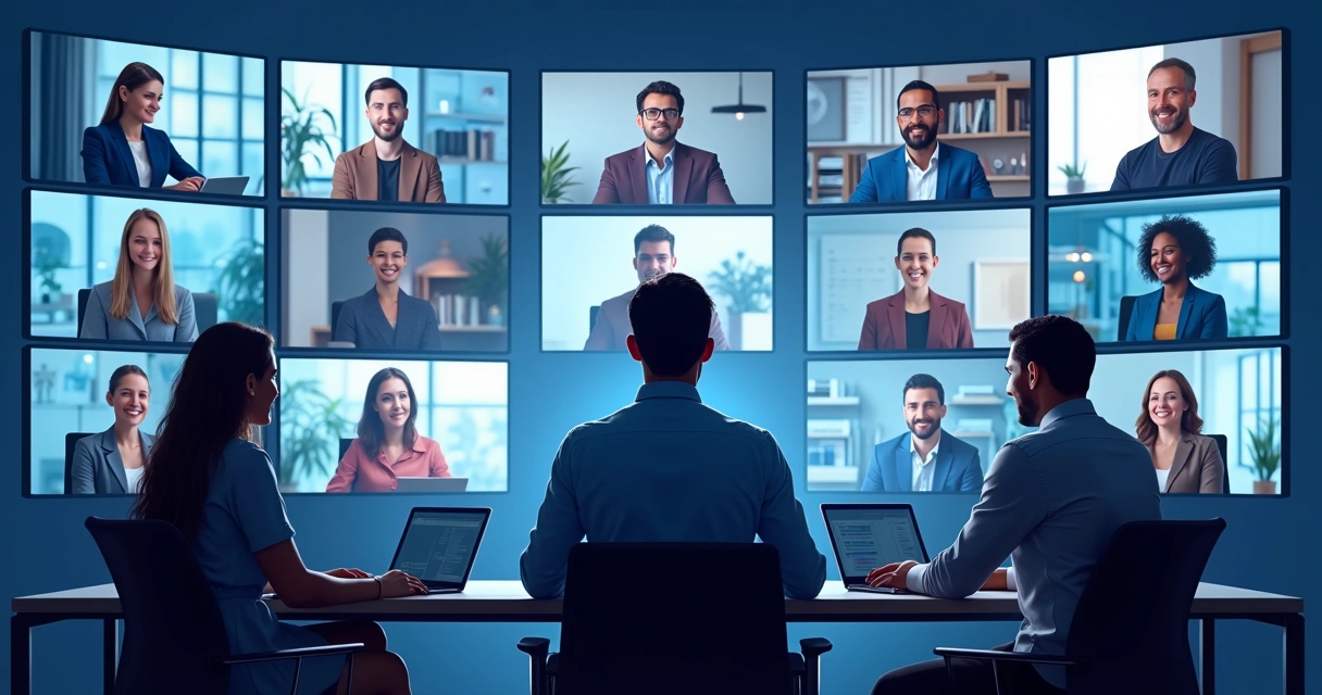 Líder incentivando equipe remota virtualmente, telas de computadores conectadas com rostos atentos. 