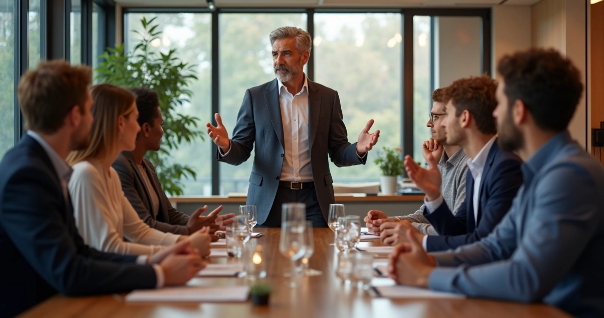 Líder orientando equipes de marketing e vendas 