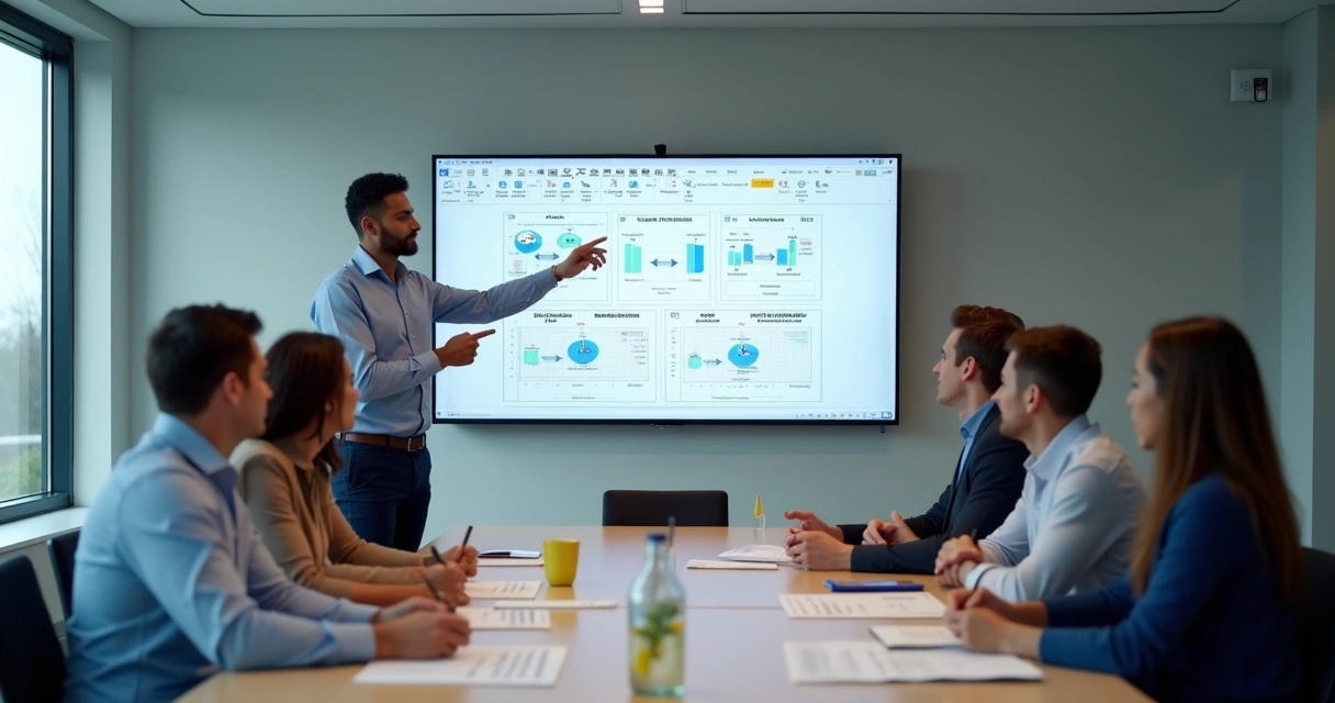 Líder reunido com equipe ajustando processos de IA 