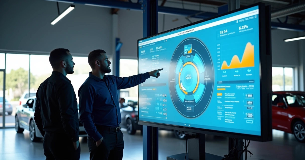 Equipe comercial e marketing conferindo dados de leads em dashboard digital na oficina 