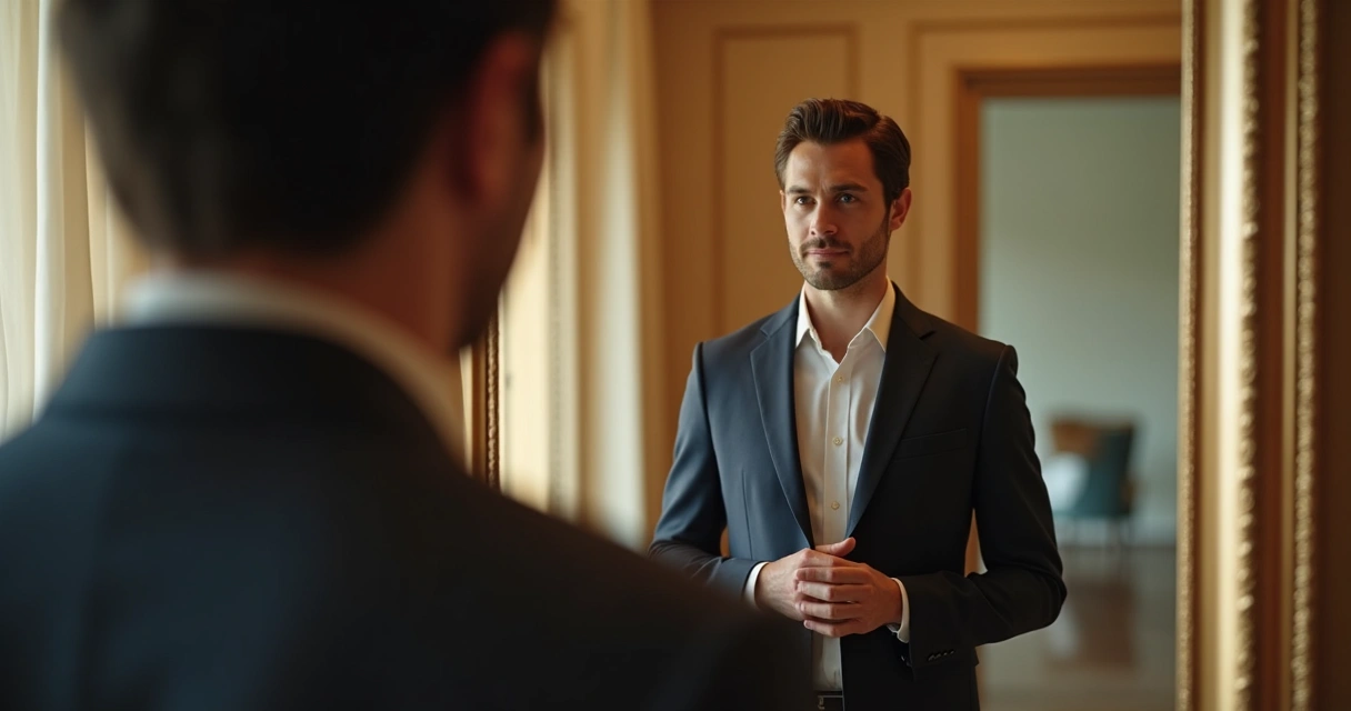 Líder diante do espelho observando a própria imagem, luz suave e ambiente acolhedor, expressando reflexão interna 