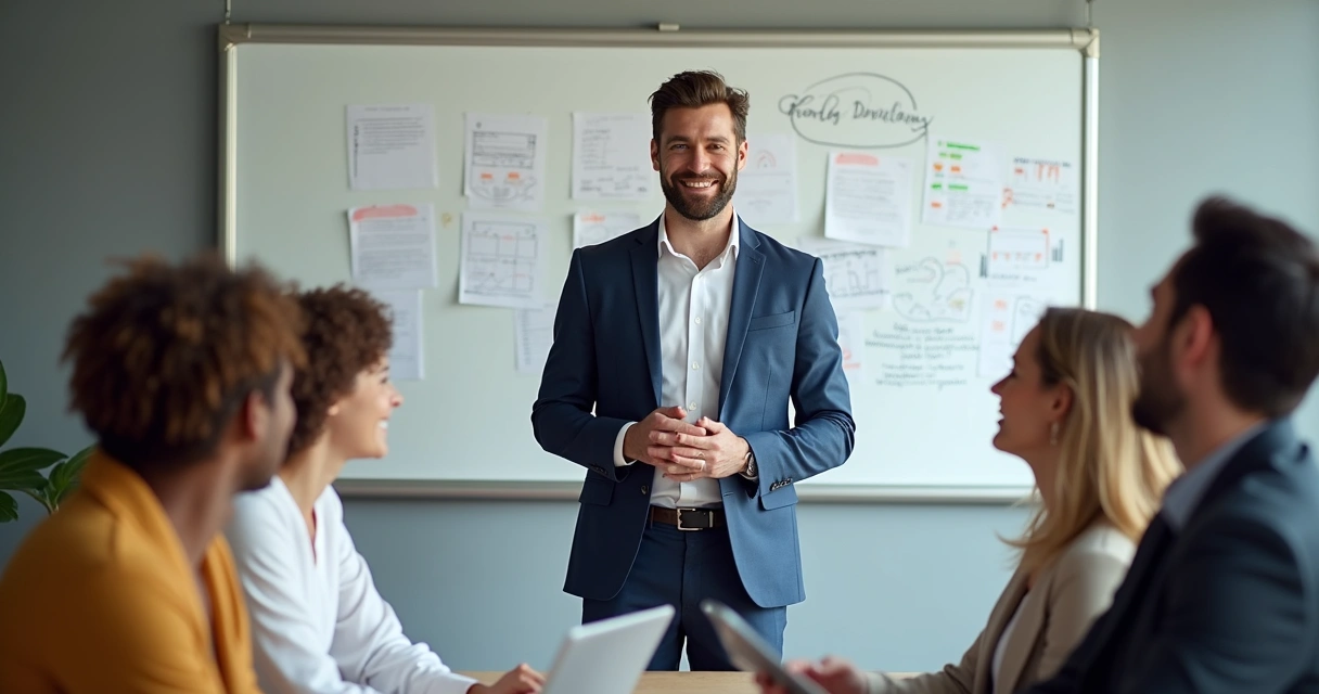 Líder guiando equipe multicultural em ambiente positivo de trabalho 