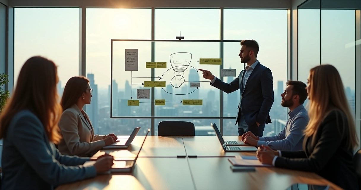 Líder guiando equipe em reunião alinhando discurso e prática 