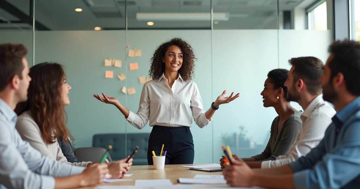 Líder integrador em reunião com equipe sorridente