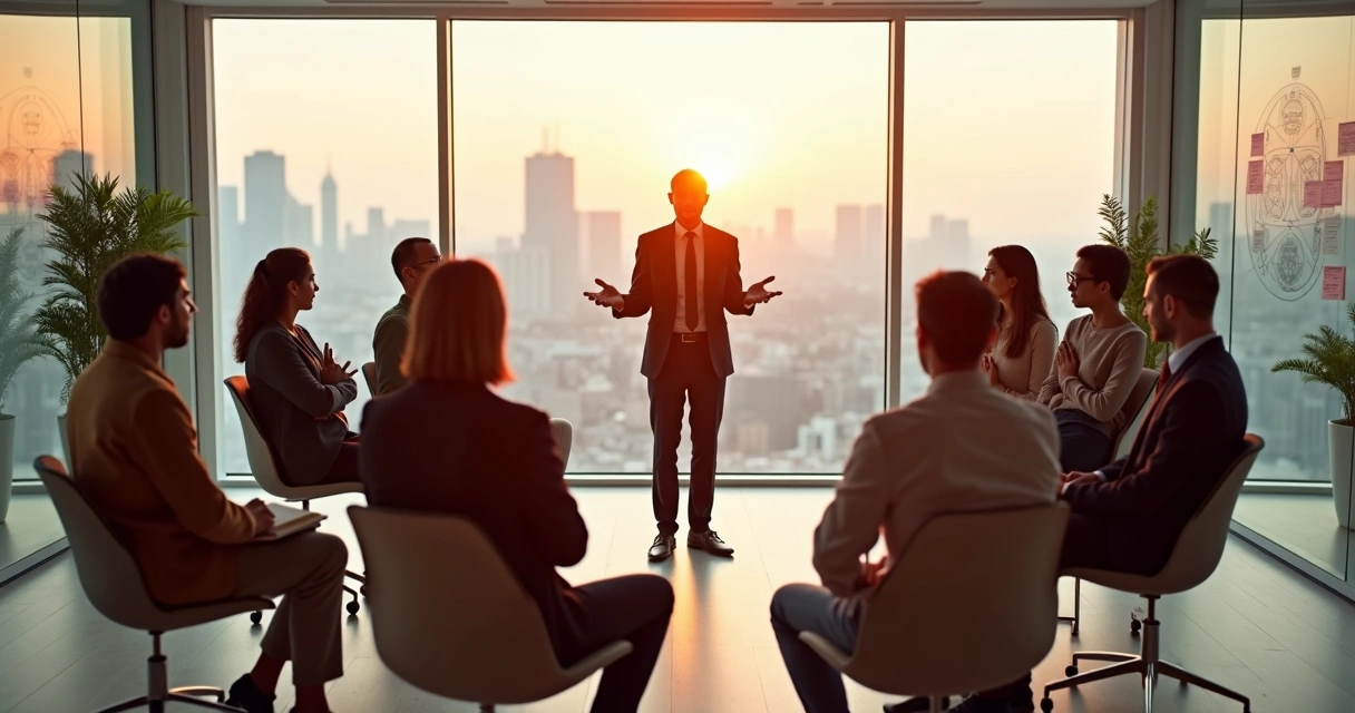 Líder facilitando círculo de equipe diversa em sala ampla e iluminada 