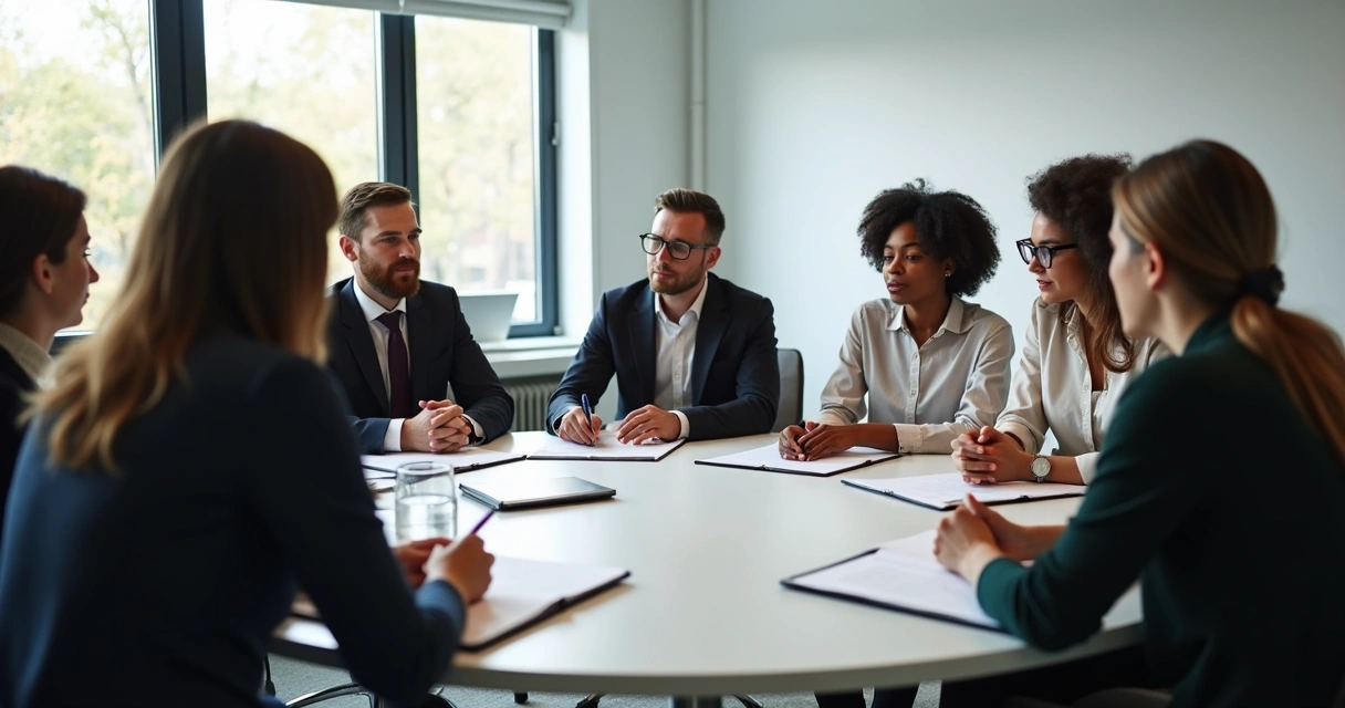Grupo diversificado reunido em círculo em uma sala de reunião clara, envolvido em discussão colaborativa 