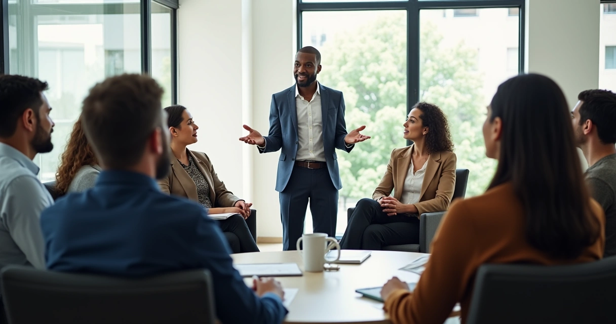 Líder diante de equipe diversa em círculo, dialogando e unindo o grupo 