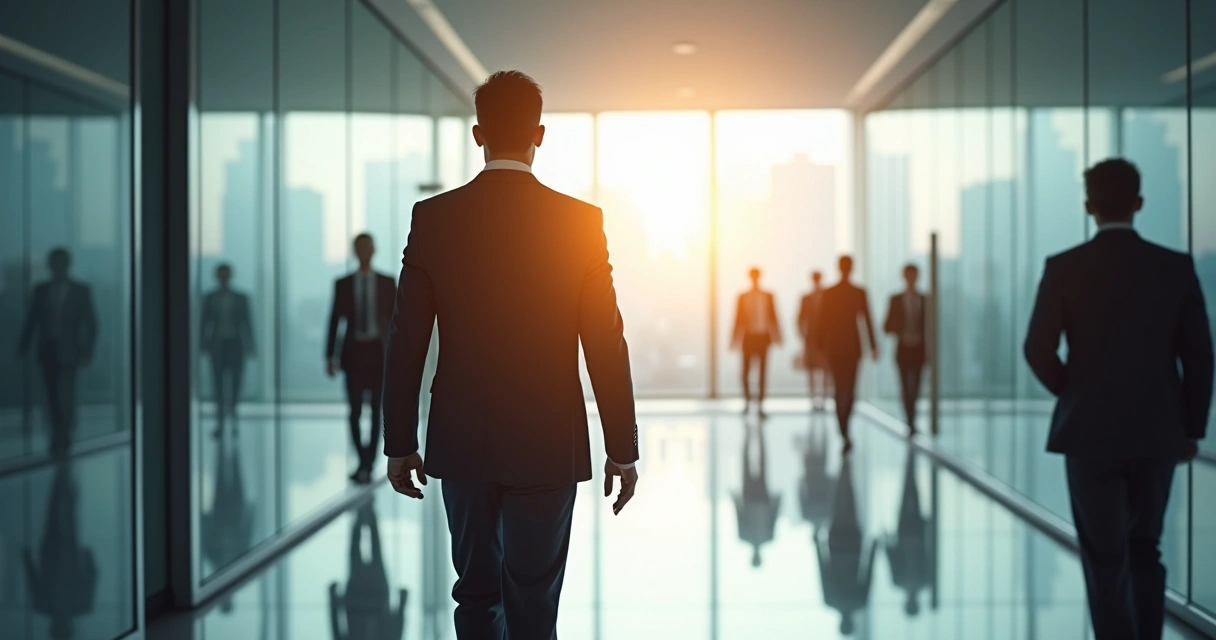 Executivo caminha confiante por corredor corporativo moderno com luz ao fundo 