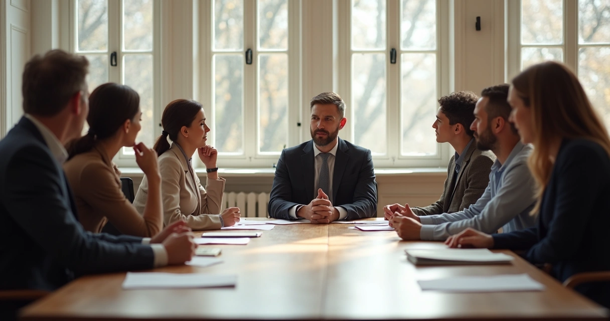 Equipe reunida em volta de uma mesa discutindo, com um líder escutando atentamente no centro 