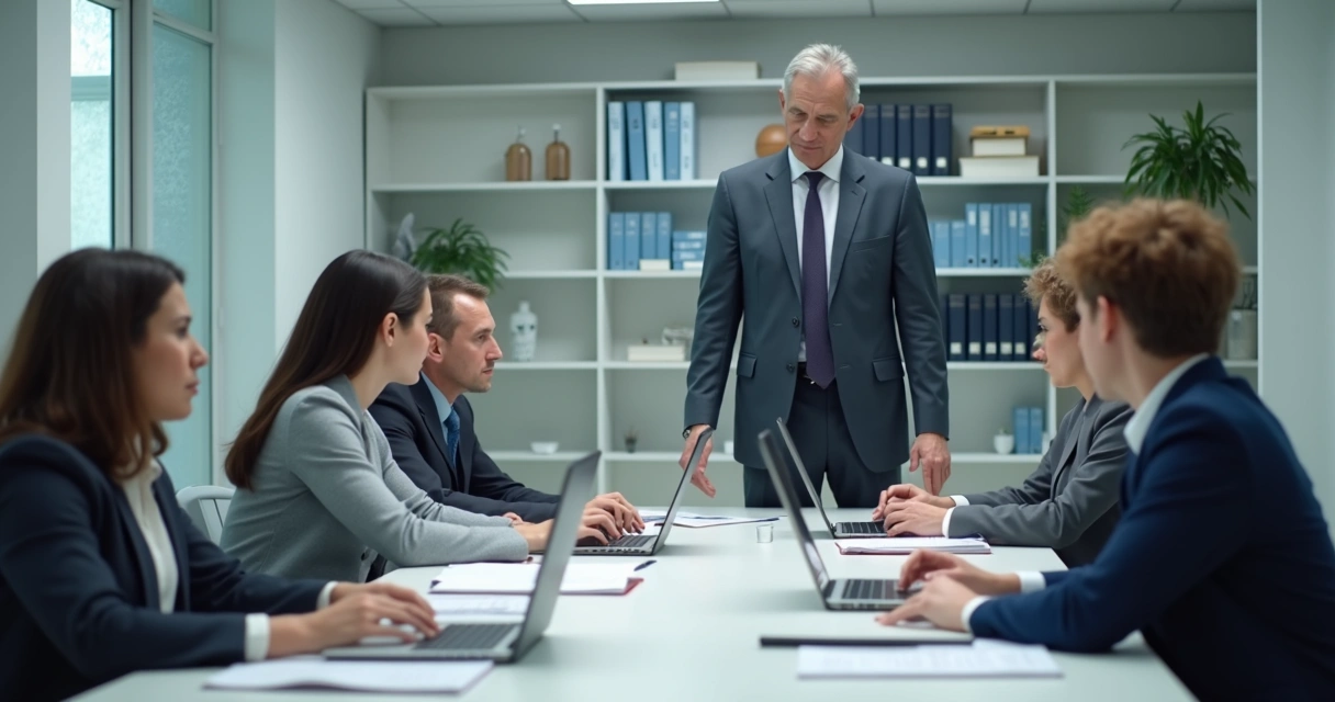 Liderança observando equipe em ambiente institucional com postura serena
