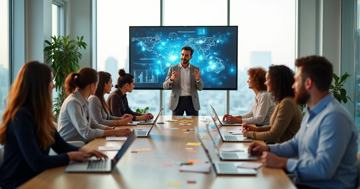 Líder facilitando reunião em equipe diversa em sala moderna com dados digitais ao fundo 