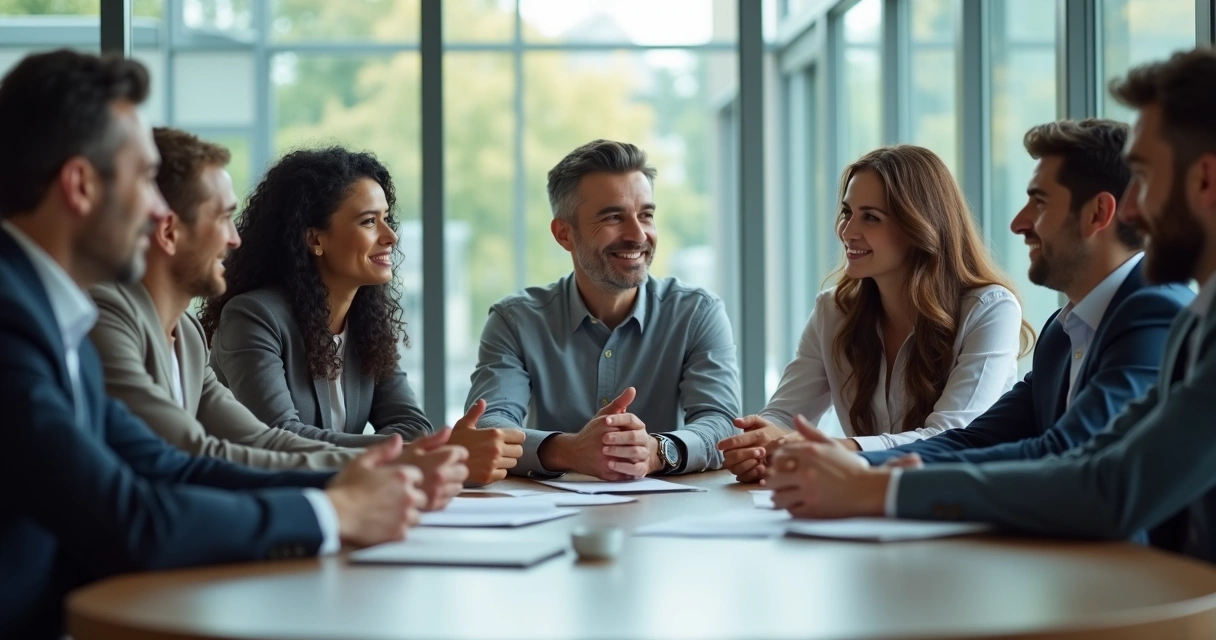 Grupo de líderes reunidos em uma sala de reunião moderna, comunicando de forma colaborativa e empática