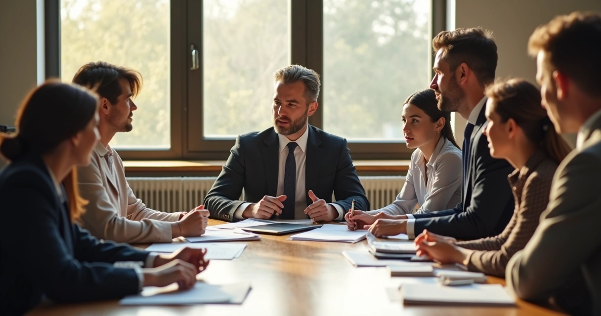 Homem e mulher em reunião, debatendo ideias com expressão de interesse