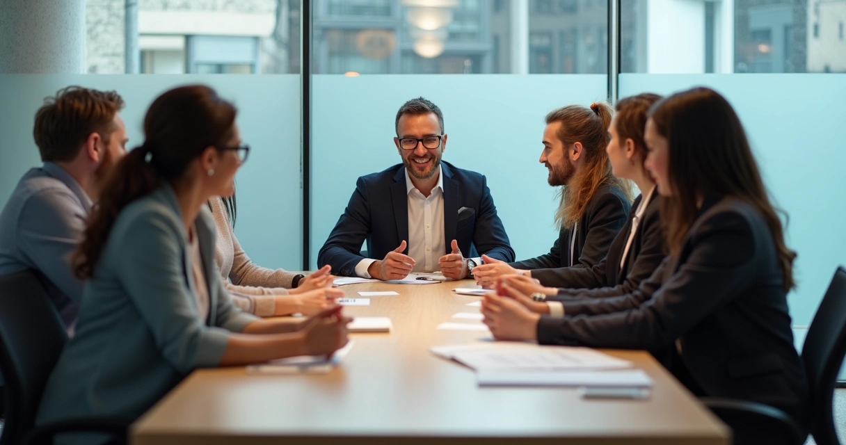 Equipe reunida ao redor de uma mesa, líder ao centro guia diálogo construtivo 