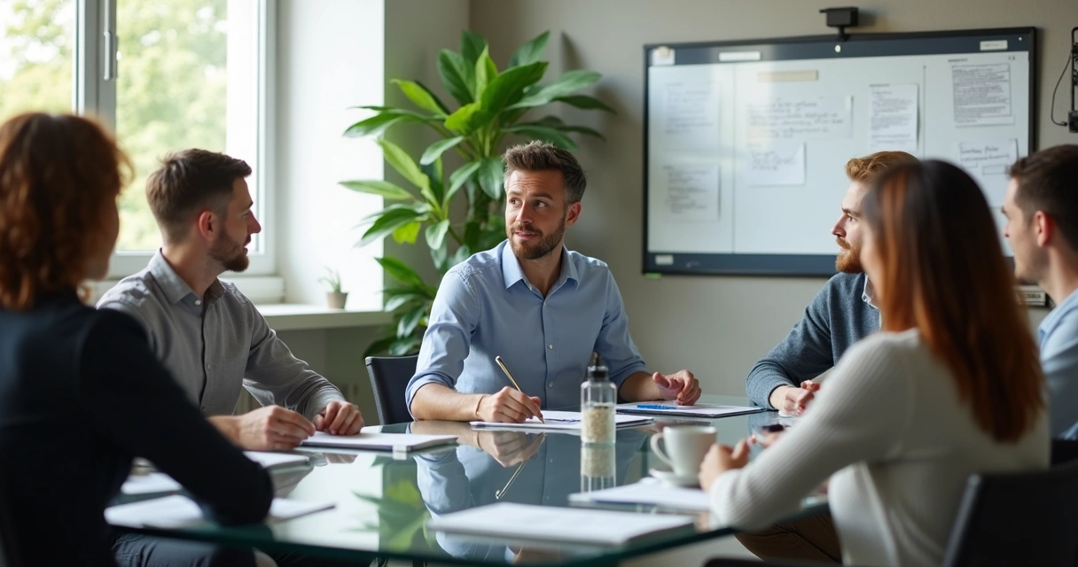 Gestor de equipe mostrando escuta ativa em uma reunião ao redor de uma mesa de trabalho moderna. 