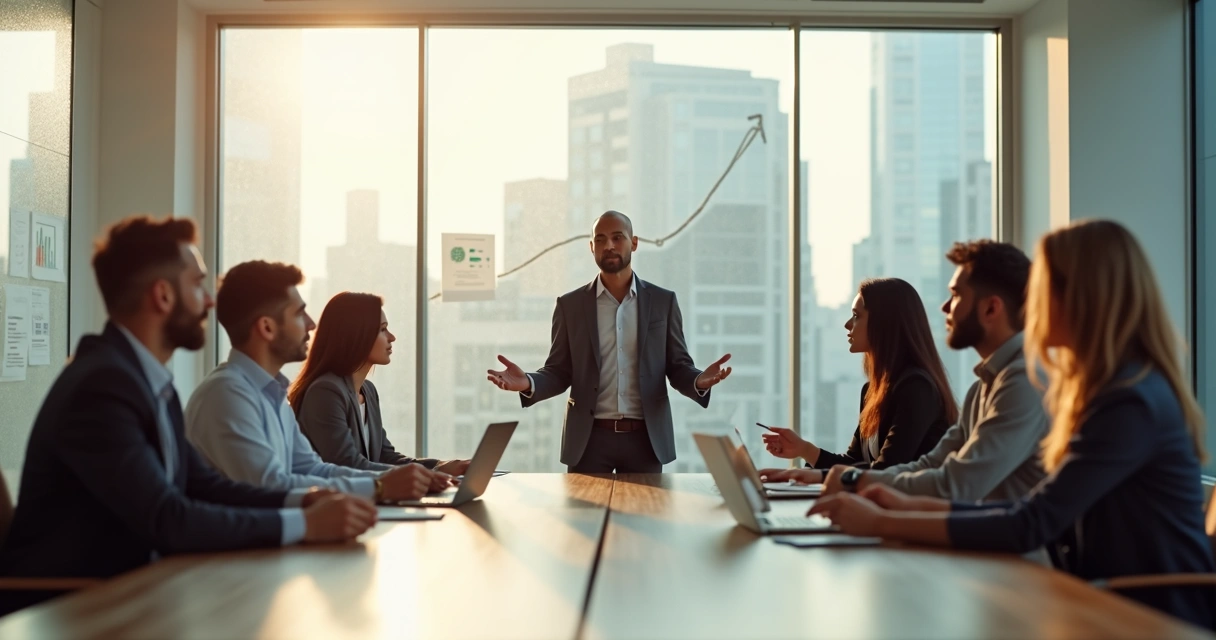 Líder em reunião observando equipe com postura calma e empática 