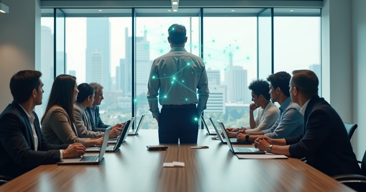 Líder em sala de reunião observando equipe conectada por linhas que formam um sistema 