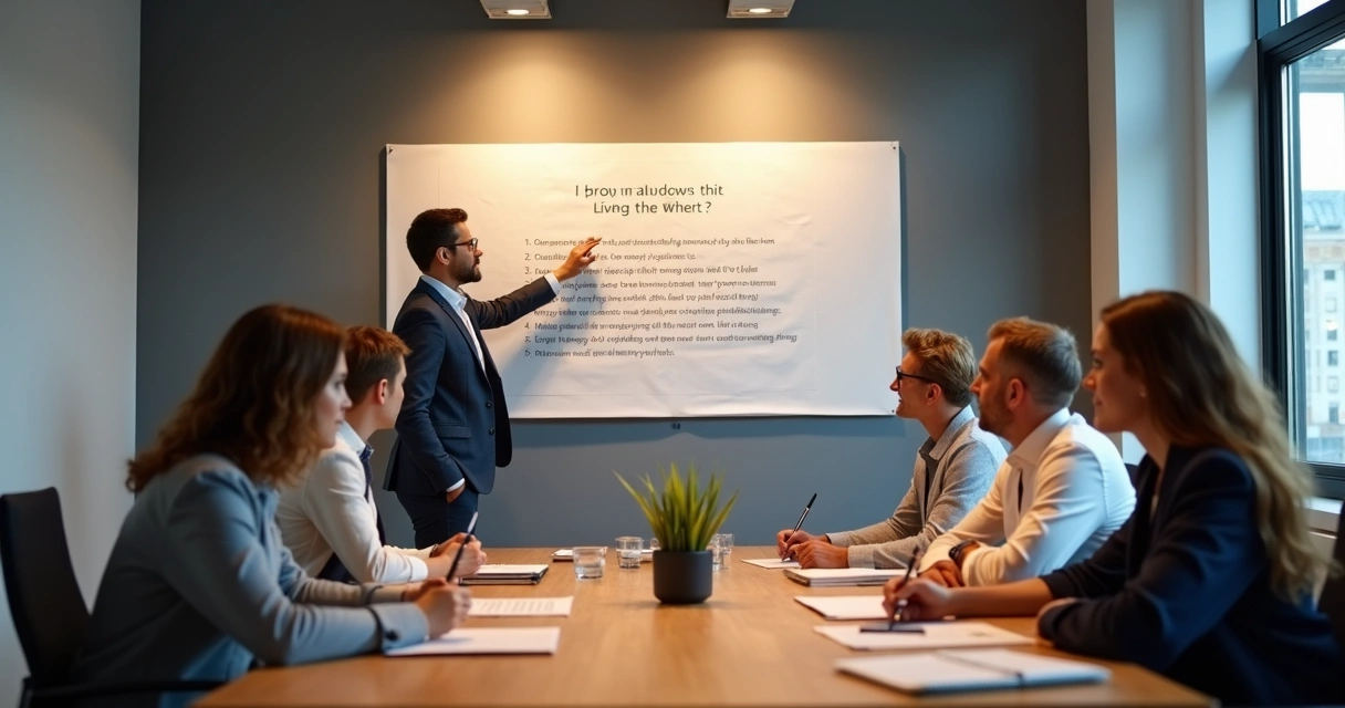 Líder mostrando missão para equipe reunida ao redor da mesa, todos atentos 