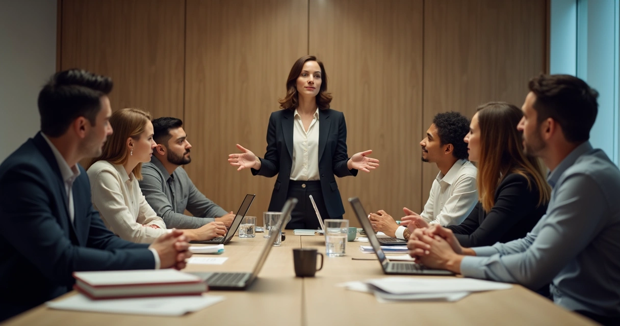 Equipe em reunião, líder falando com gestos abertos