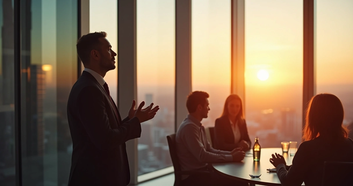 Líder pensativo olhando pela janela durante reunião