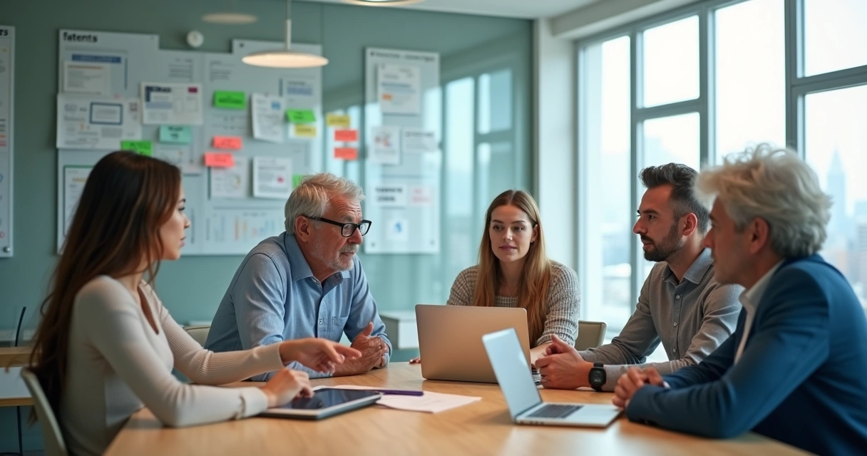 Líderes de diferentes idades em reunião colaborativa em uma sala moderna 