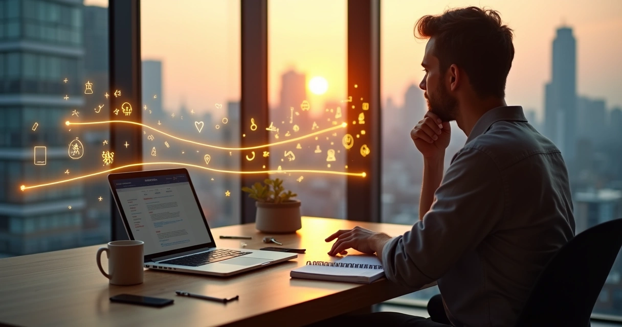 Pessoa refletindo sobre escolhas diárias diante de um painel com caminhos diferentes 