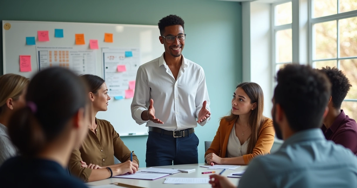 Líder diante de equipe diversificada com atmosferas de integração e colaboração 