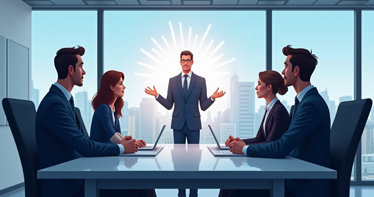 Reunião de liderança com pessoas refletindo e um líder confiante 